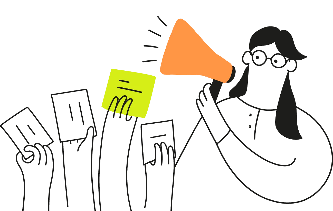 Ilustración de una mujer sosteniendo un altavoz en frente de perssonas con papeletas en la mano